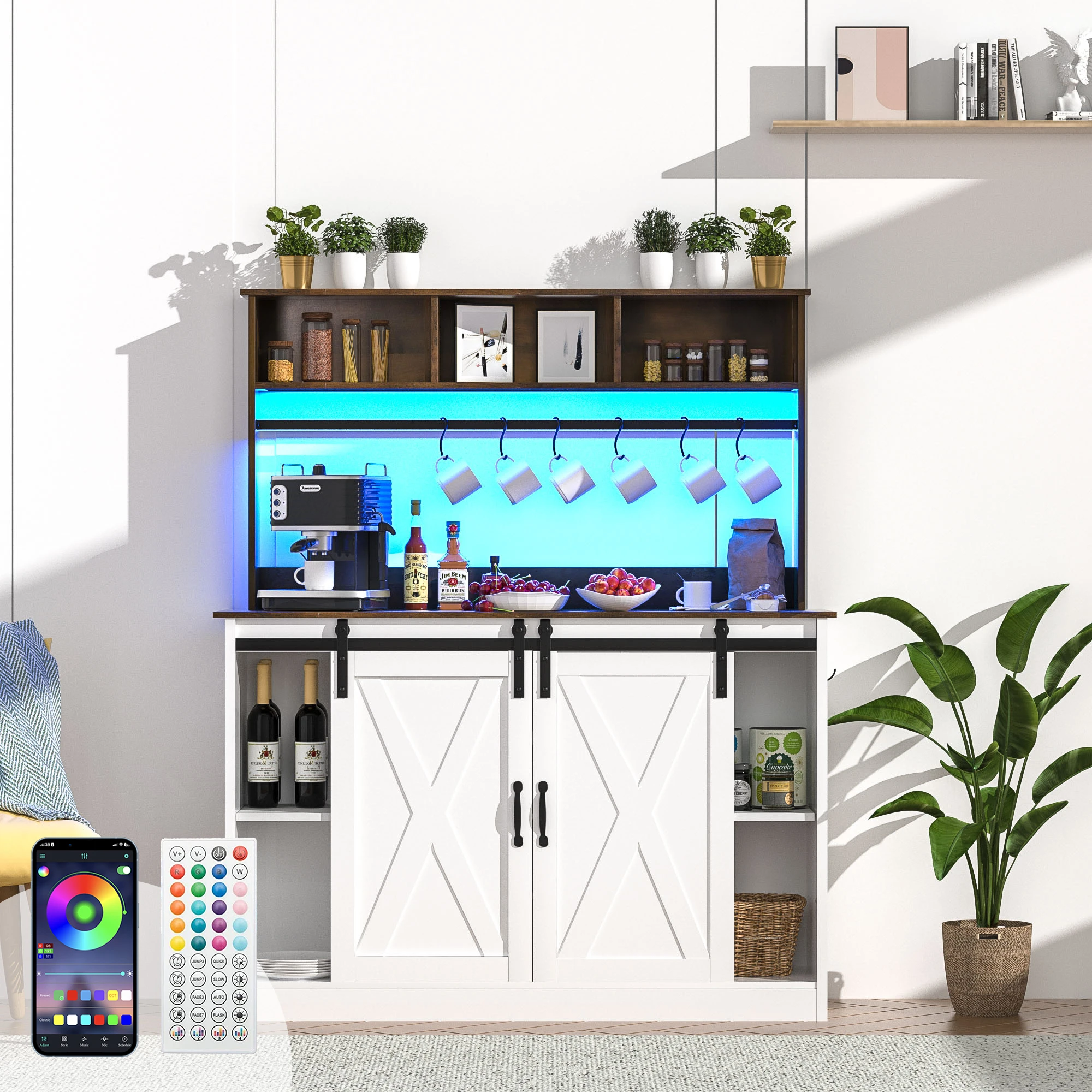 LED Coffee Bar Cabinet w/Sliding Barn Door, 6FT Outlet,Adjustable Shelf, Liquor Cabinet Bar w/9PCS Bottles Storage, 6PCS Hook