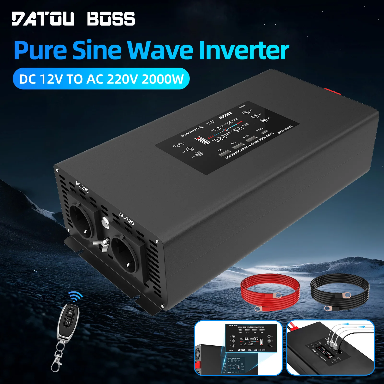 DATOUBOSS Pure Sine Wave Inverter Peak Power 4000W DC 12V 24V 36V 48V 60V to AC 220V 230V Inverter Continuous Power 2000W