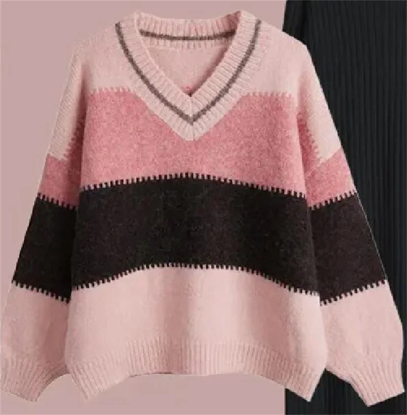 Korean Fashion Dress Sets Striped Knitted Pullover+Slim Black Midi Sweater Dress Two Piece Set Plus Size Clothing
