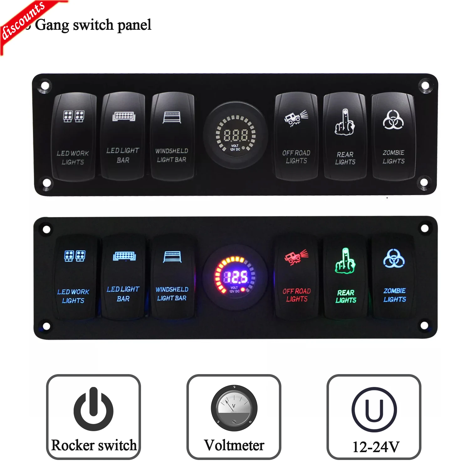 

Colorful 12V 6 Gang Rocker Switch Panel Circuit Breaker LED Voltmeter RV Car Marine Boat Switch Panel Led Switch Panel Auto