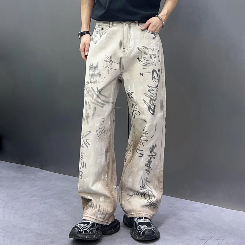 Hip Pop Style Baggy Jeans Wide Leg Pants Casual Graffiti Men's Loosen Jeans Fashion Denim Clothes