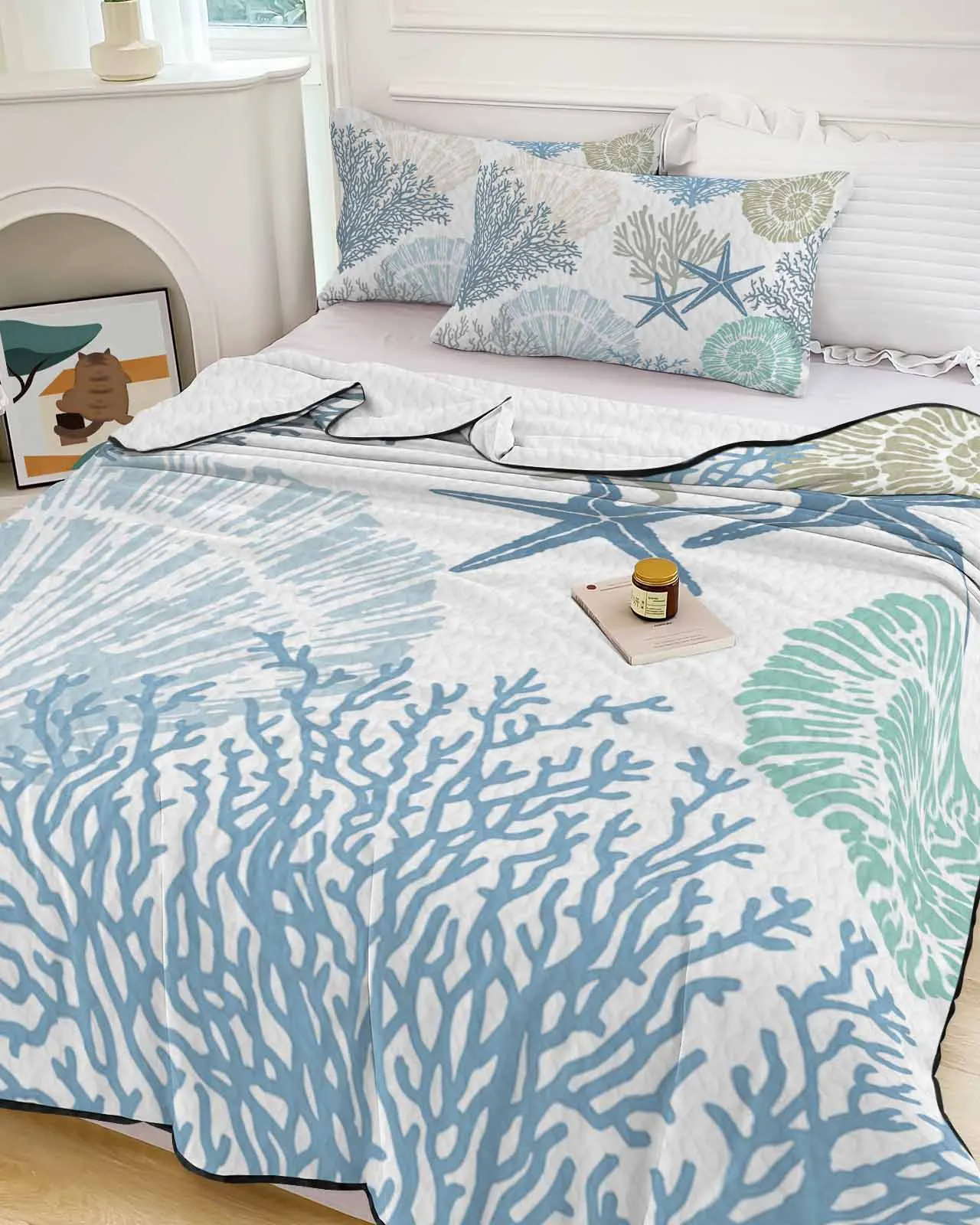 

Blue Ocean Coral Shell Starfish Cooling Blankets Air Condition Comforter Lightweight Summer Quilt for Bed Soft Thin Quilt