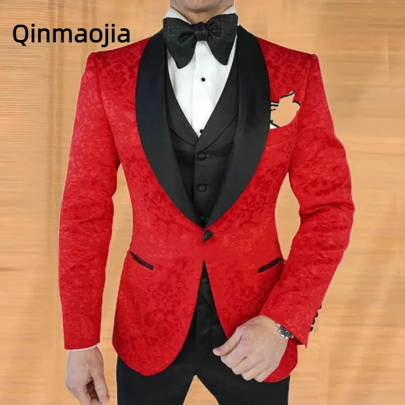 

Fashion Wedding Suits Slim Fit Red Floral Tailore Made Single Breasted ropa hombre 3 Pieces Formal Party Tuxedo Costume
