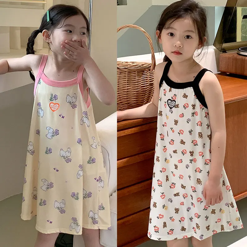 Girls Nightgowns 100% Cotton Cartoon Summer Sleeveless Rabbit Nightwear