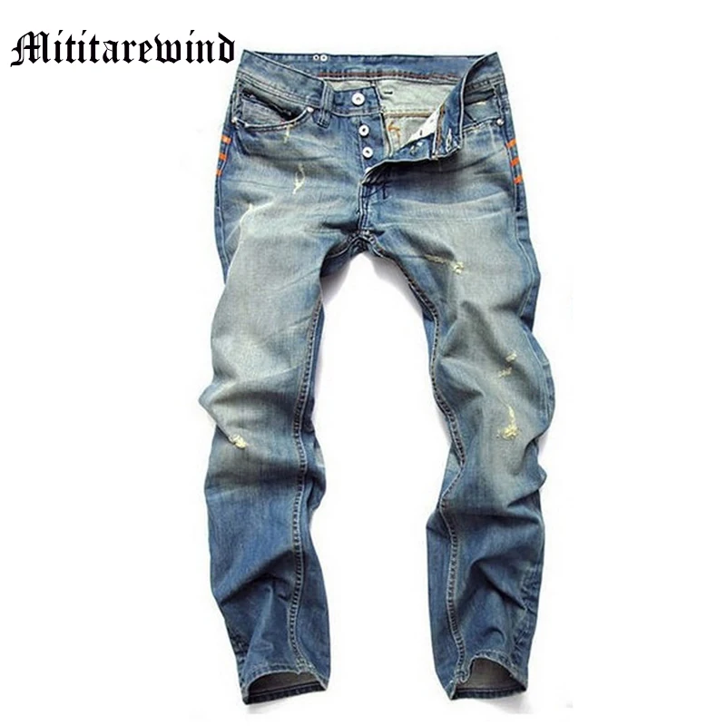 

Ripped Jeans for Men Button Fly Whiskers Slim Straight Designer Jeans Trousers Casual Fashion Cotton Full Length Plus Size Pants