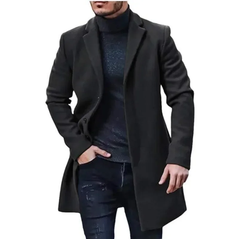 New Arrivals Men's Wool Coat in Classic British Style with Single Button Closure Mid-length windbreaker jacket