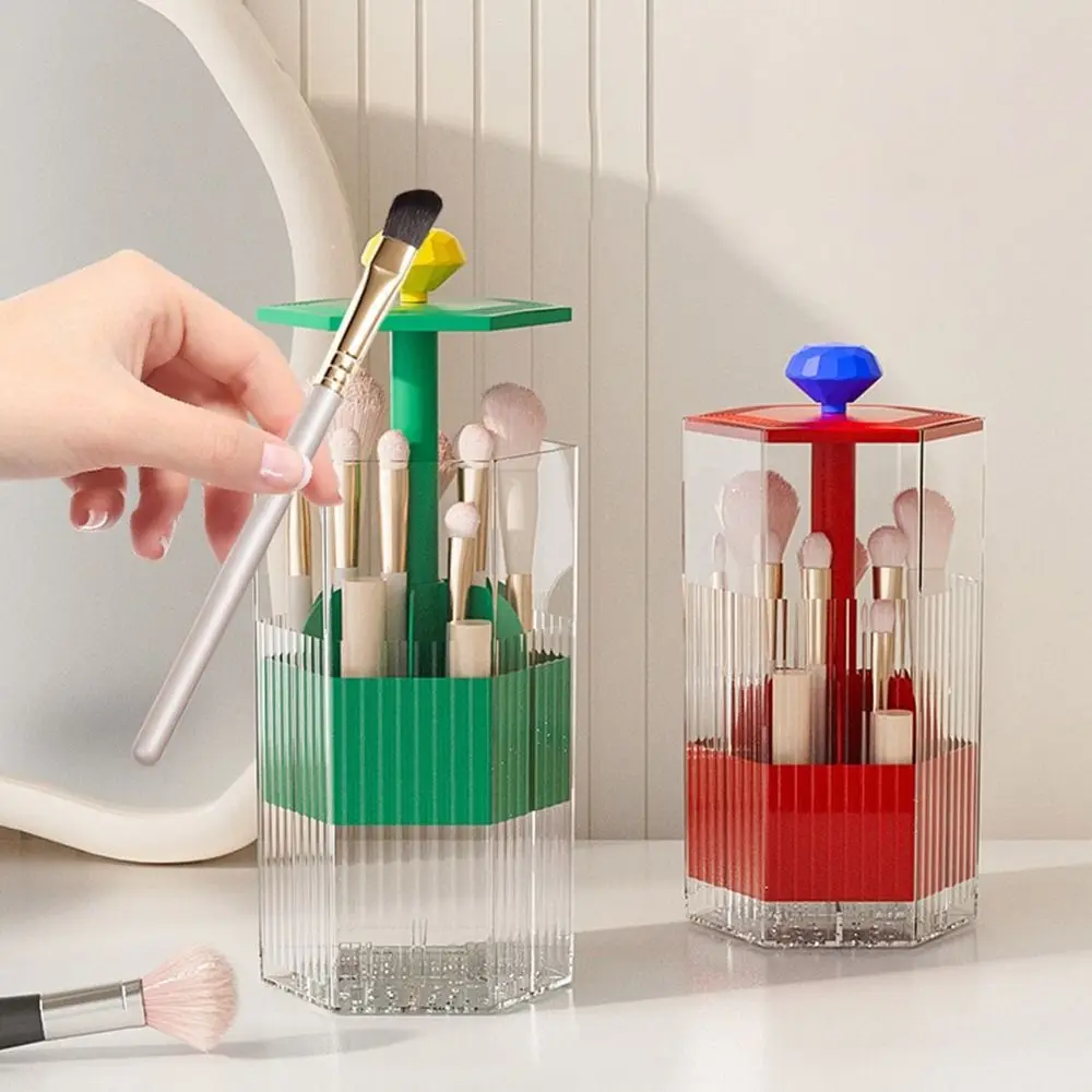 Plastic Automatic Lifting Makeup Brush Holder Dustproof Large Capacity Eyebrow Pencil Container Space Saving with Lid