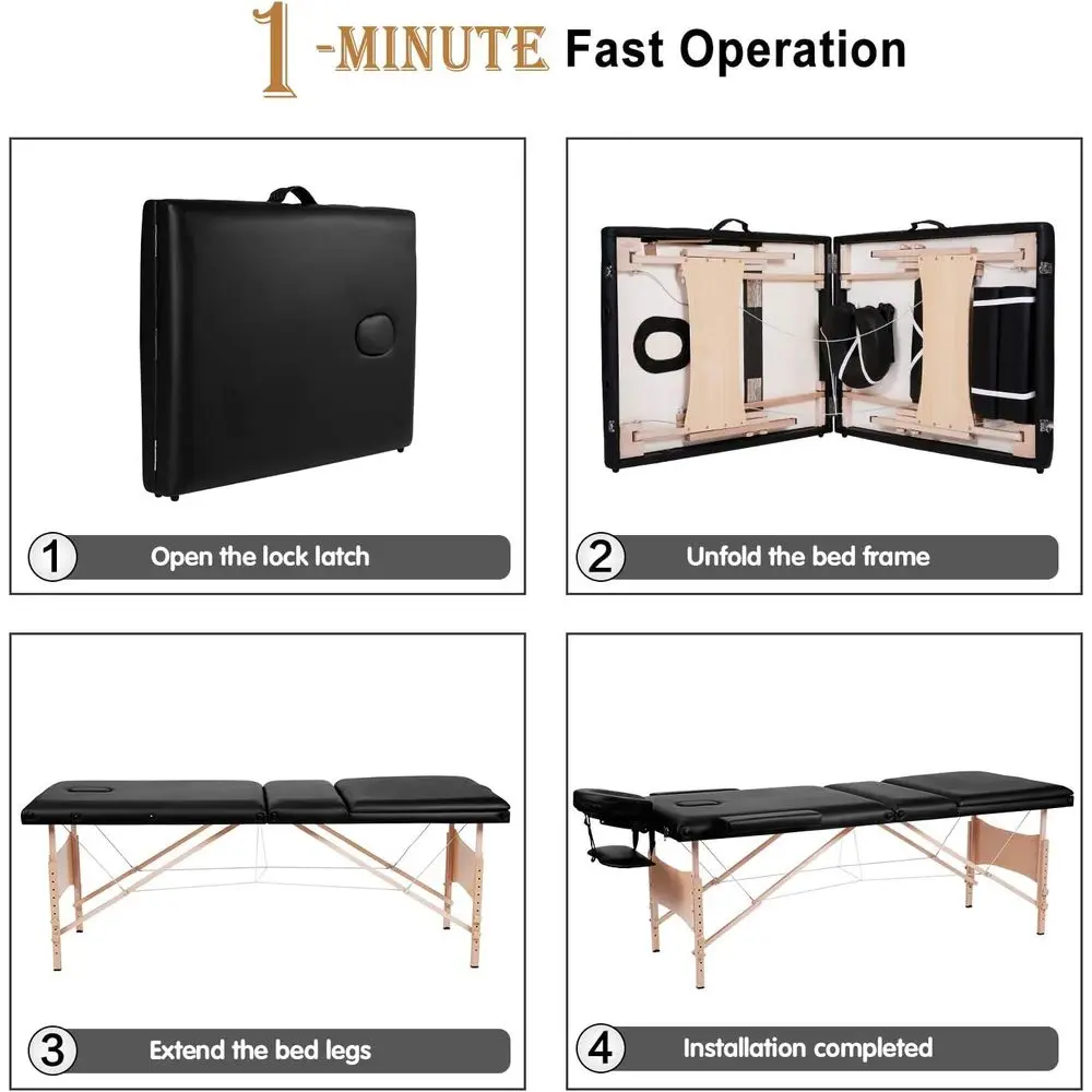 Portable 84 Height-Adjustable Black Massage Table with Carrying Bag for SPA Treatments