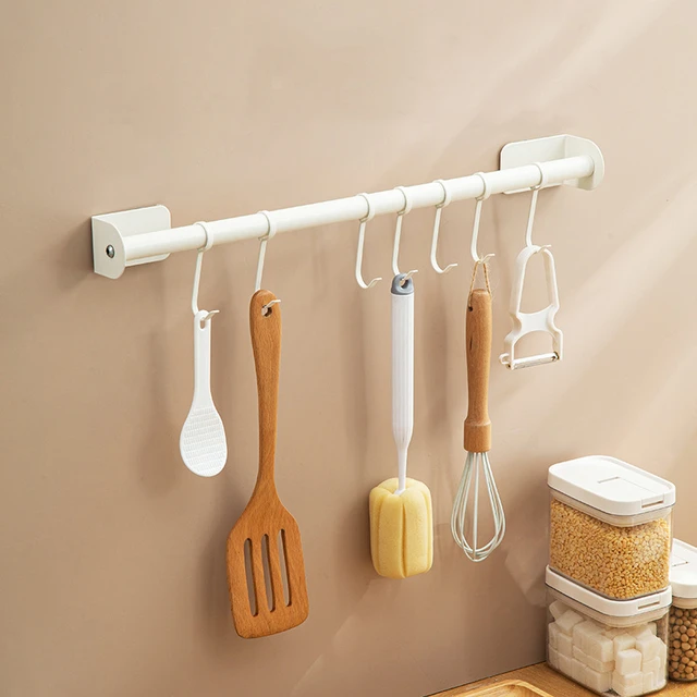  Estante para utensilios de cocina, colgador de pared,  organizador de riel de cocina para colgar cuchillos, cuchara, olla y sartén  en la cocina o abrigo, ganchos para barra y tazas 