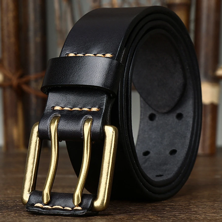 Men's Leather Double Needle Buckle Classic Tow Row Hole Jeans Belt