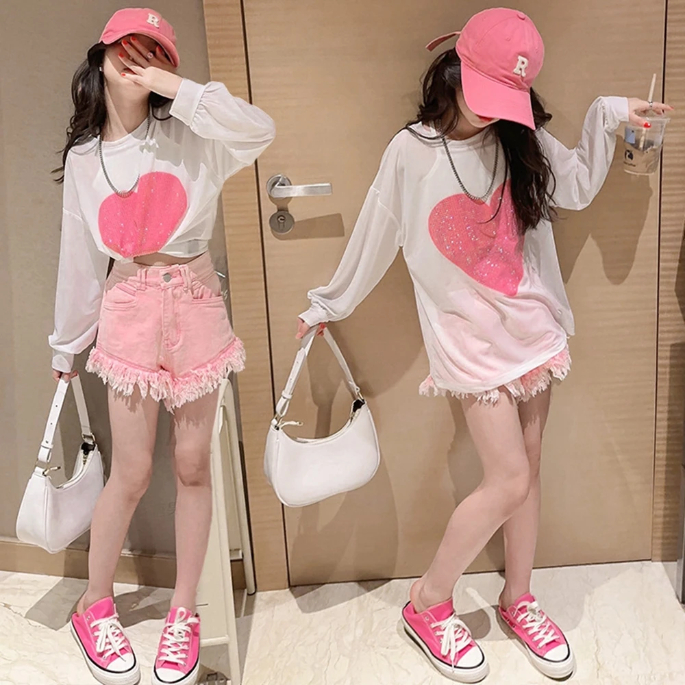 

Teenage Girls Clothes Set Summer Sunscreen Heart T-Shirt+Vest+Denim Shorts 3pcs Kids Long Sleeve Children Outfit 10 12 13 14Year