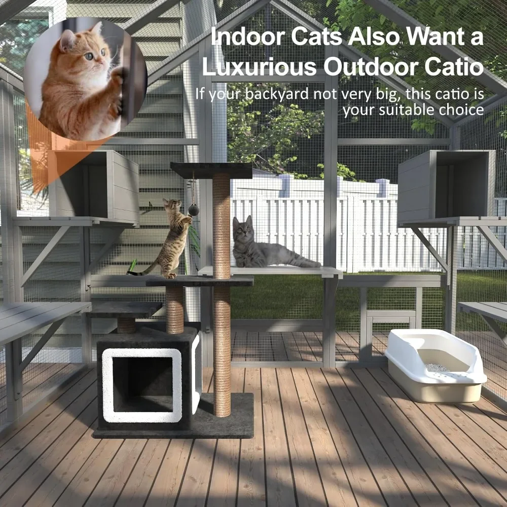 Outdoor Cat House, Outdoor Catio for Multiple Cats with 7 Platforms, 2 Resting Box, Outside Cat House with Weatherproof Cover
