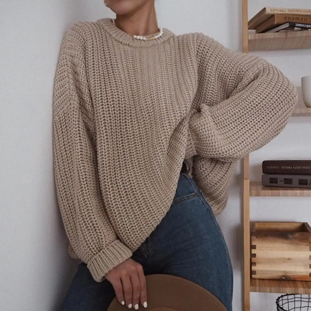

Lady Winter Sweater Cozy Stylish Women's Fall Winter Sweater Loose Fit Round Neck Long Sleeve Solid Color Thick Knitted Casual