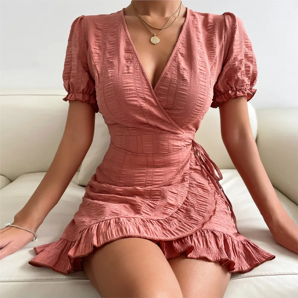 

Summer Fashion Ruched Patchwork Street Style Sexy Mini Short Dress Puff Sleeve Ladies Dress Lace Up Corset Deep V Neck