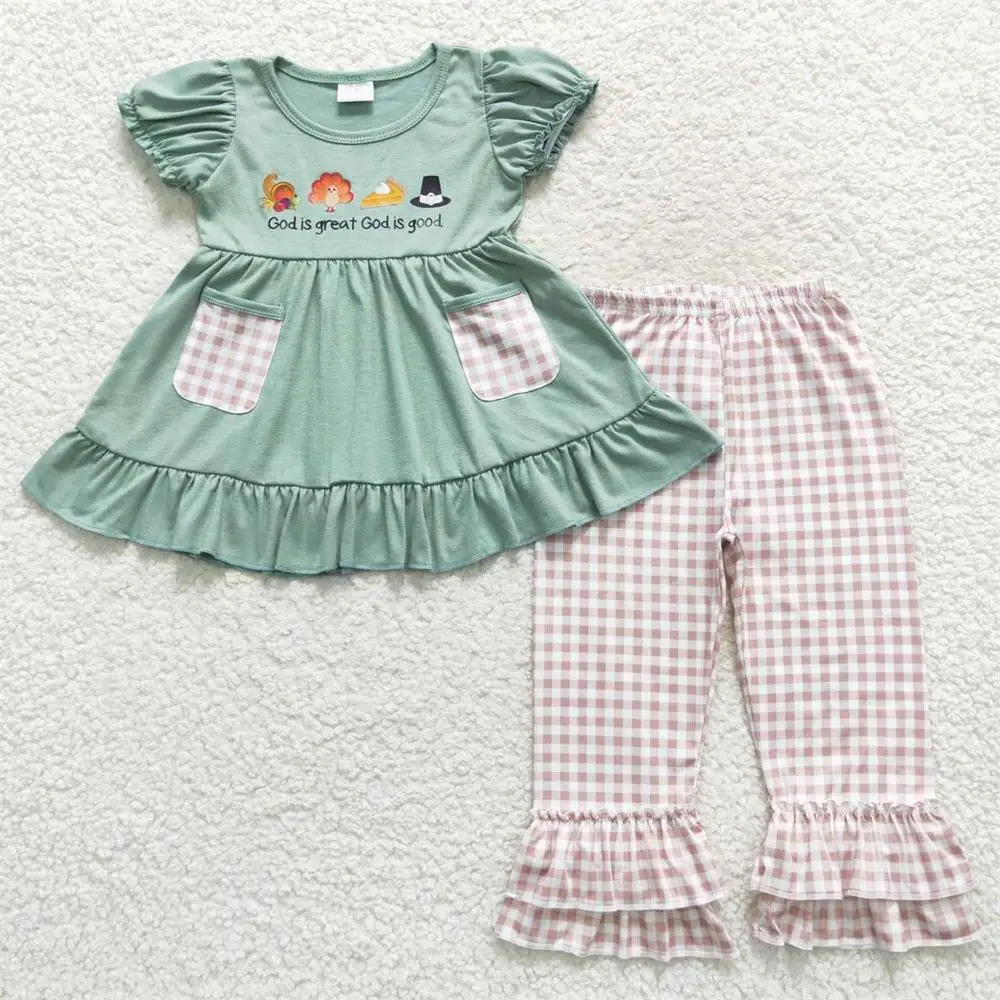 

Wholesale Kid Toddler Thanksgiving Outfit Baby Girl turkey Pumpkin Pie Infant Children Set Green Cotton Pocket Tunic Plaid Pants