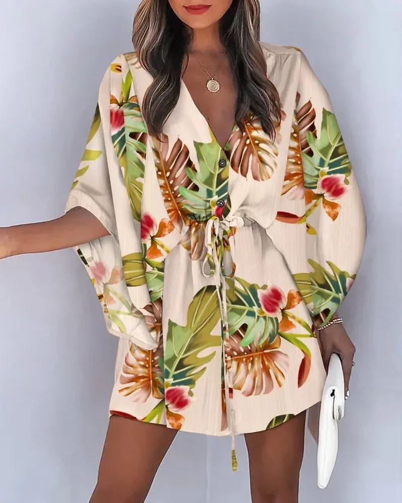 

Summer Beach Mini Dresses Women Boho Casual Print Lace Up Button Batwing Sleeve Dresses Female Sexy V Neck Party Dress Vestidos