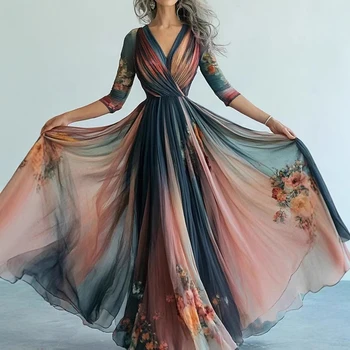 Bohemian Style Long Sleeve Mesh Dress Vacation Vibes Floral Print Chiffon Dress V-neck Ankle-length Chic Evening Gown 2025 1