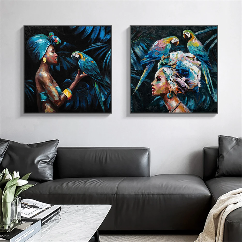 

Vintage African Woman Parrot Oil Painting Print On Canvas Nordic Girl Poster Wall Art Picture Living Room Interior Home Decor