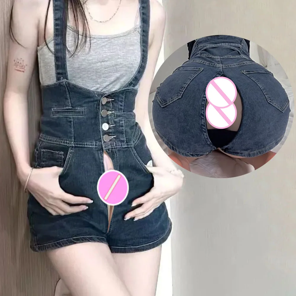 Invisible Open Crotch Outdoor Sex Women's Ripped Roll Hem Sleeveless Denim Overall Shorts Rompers Nightclub Party Denim Jumpsuit 2023 summer sexy bodycon rompers women u neck sleeveless tank thin jumpsuits casual female backless party clothes