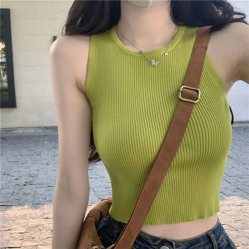 

Hottie Slim Navel Short Knit Vest Summer Slim Small Camisole Bottom Sleeveless Tops Women Sexy