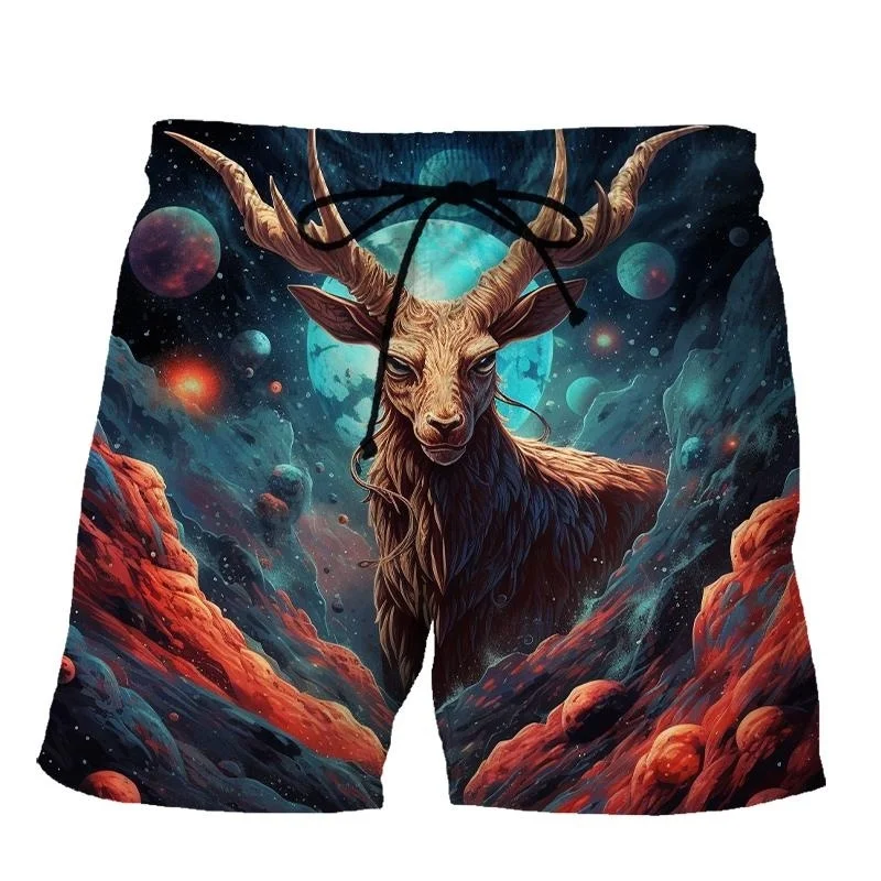 

Fashion Deer Elk Goat 3d Print Short Pants For Men Cool Art Starry Sky Personality Beach Shorts Summer Street Loose Swim Trunks