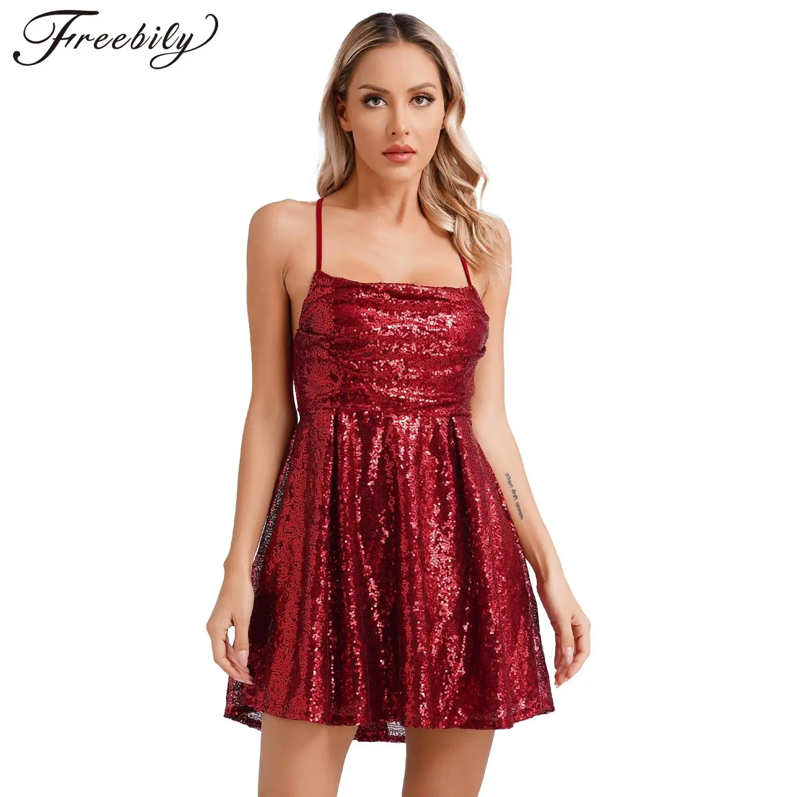 

Женское блестящее платье, блестящее Привлекательное платье на бретелях-спагетти для коктейльного клуба, клубного платья