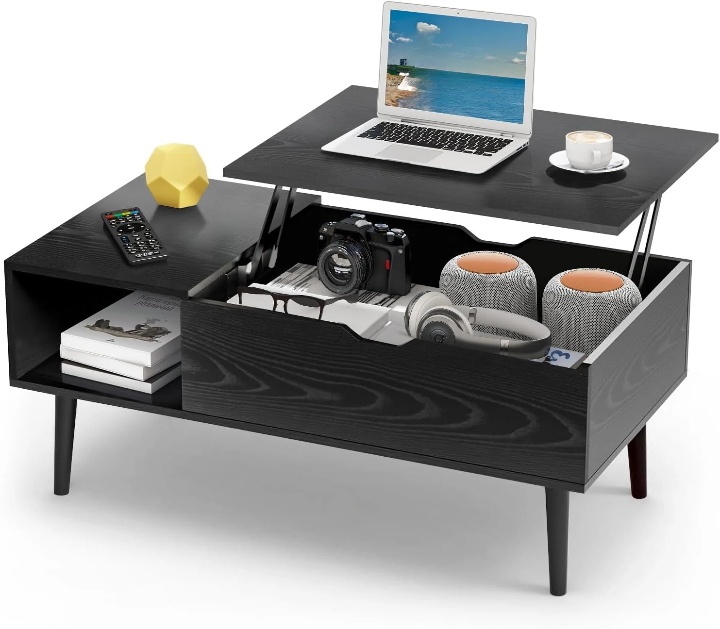 Lift Top Coffee Tables for Living Room, Small Modern Wooden Center Tables with Storage Shelf and Hidden Compartment 2