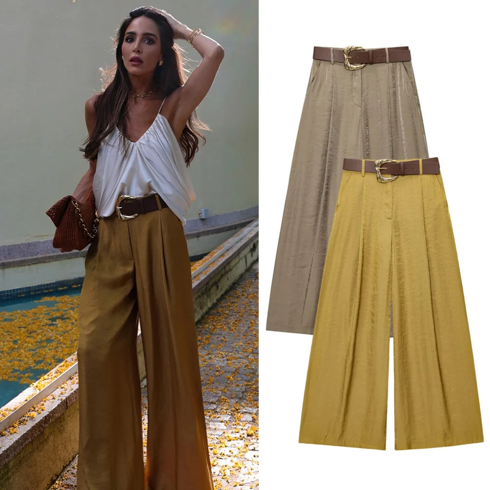Satin Wide Leg Pants with Matching Belt