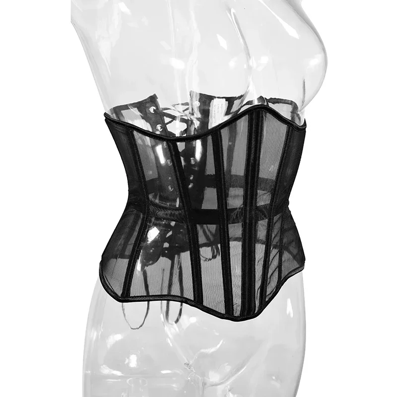 Women Transparent Mesh Corset Underbust Fish Bone Waist Trainer Bustier Slimming Cincher Girdle Belt Gothic Korset Black Red Waist Trainer Corset Bustier Top Waist Corset Lace Corset