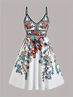 Summer holiday flower leaf printing plus size dress trumpet A-shaped sling mini dress