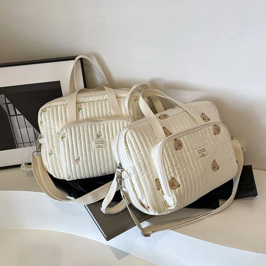 Cute Bear Flower Embroidery Pattern Baby Beige Cotton Fabric Zipper Diaper Handbag New Luggage Bag 4
