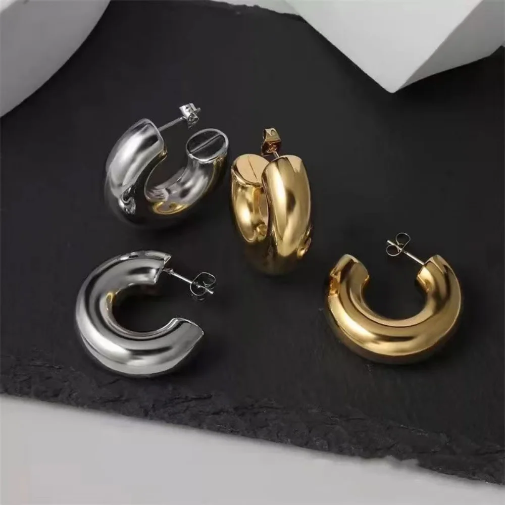 Punk Classics C Shape Open Round Circle Chunky Hoop Earrings Fashion Women Stainless Steel Smooth Thick Tube Huggie Ear Rings