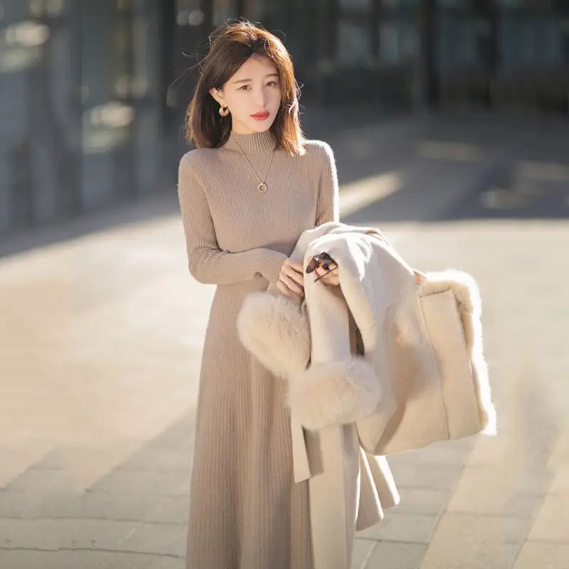 

2023 Autumn and Winter New Women's Half High Collar Solid Knitted Knee Over Dress Elegant Straight Tube Skirt B833