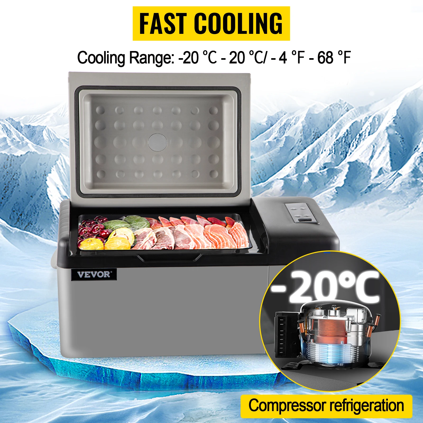 VEVOR portable refrigerator with fast cooling and wide temperature range, open and filled with food.