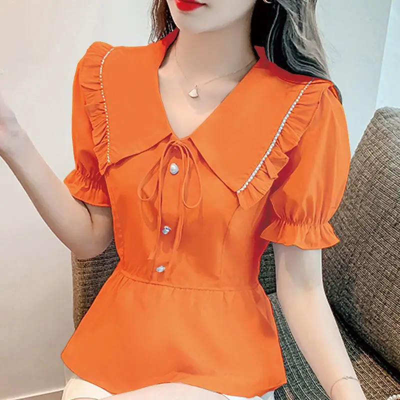 러플 엣지 활 레이스 블라우스, 반팔, 단색, 루즈 단추 플리츠 셔츠, 상의, 스위트 패션, 여성 의류, 여름 신상