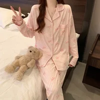 Striped Nightwear Women High Quality Spring and Summer Cardigan Pajamas Casual Set Student Loungewear Two Piece Set Sleepwear - Image 2