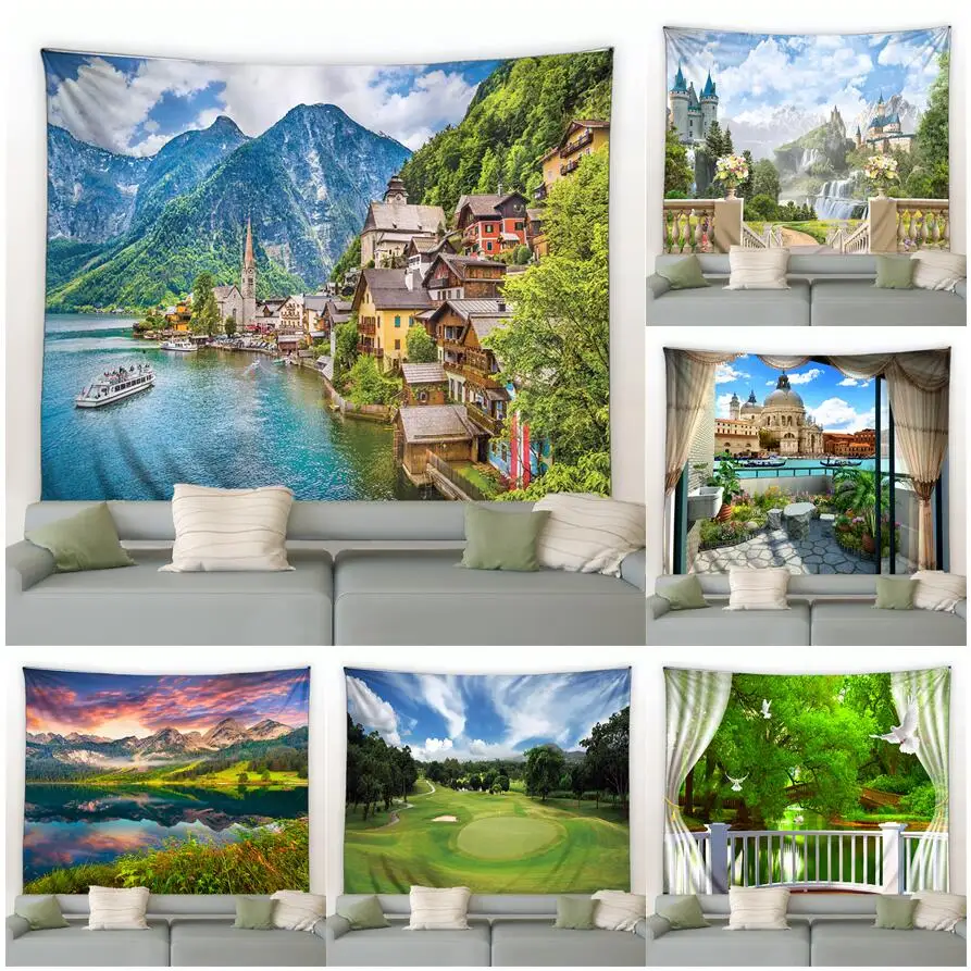 

Seaside Town Landscape Tapestry Forest Mountain Ocean Rural Natural Scenery Home Room Courtyard Garden Decor Cloth Wall Hanging