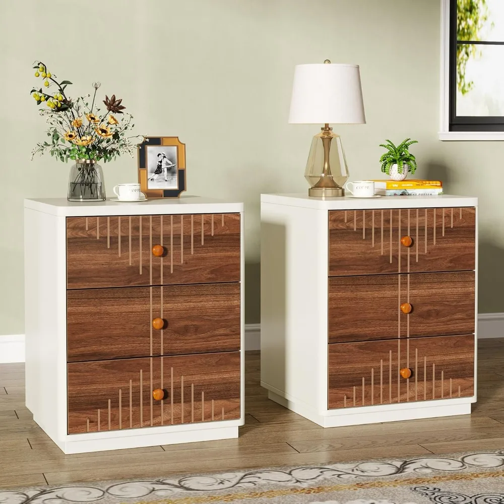 3-Drawer Nightstand，Set of 2,25 Mid-Century Modern White Walnut Nightstand with Wood Knobs (2),Wood Bedside Table