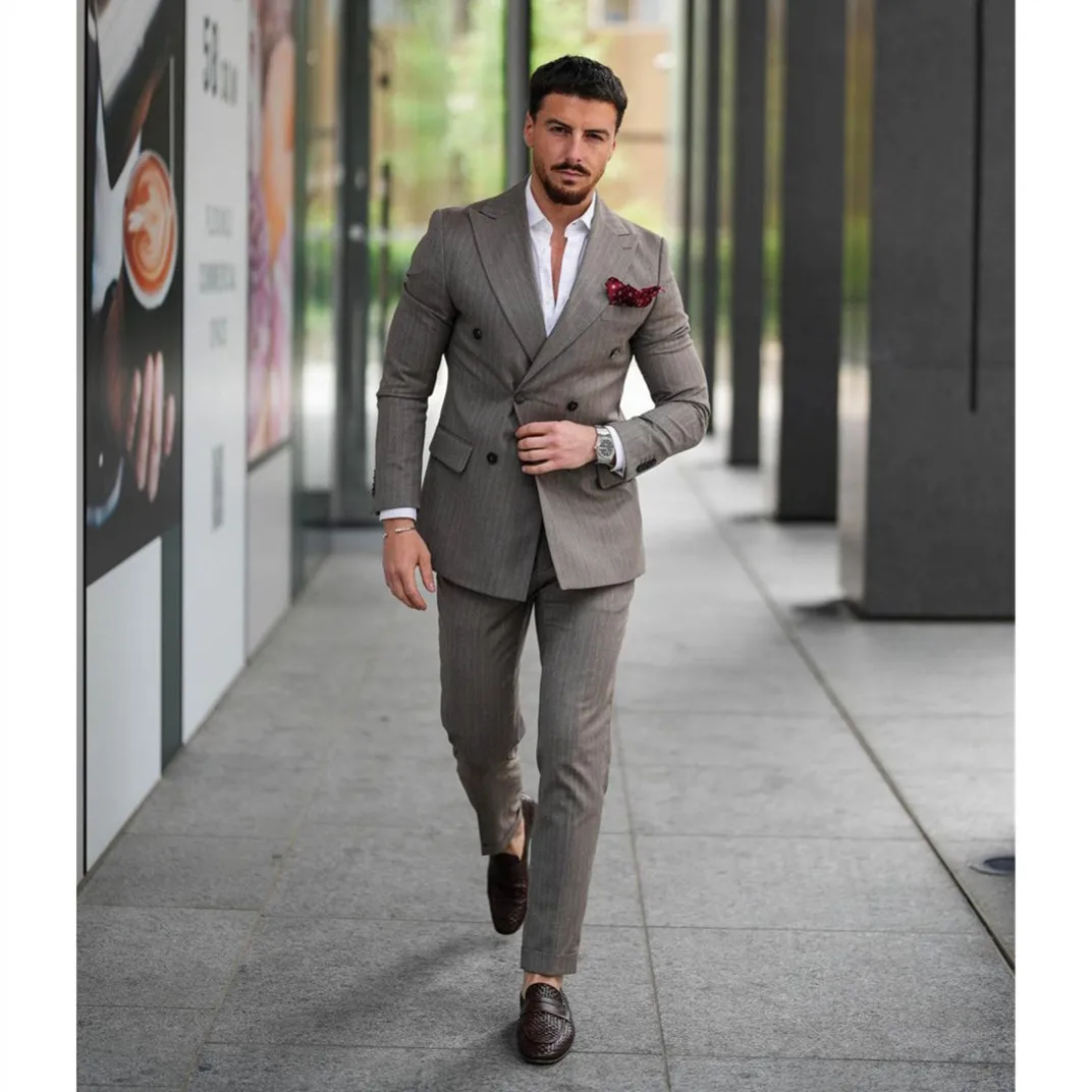 Men's Suit 2 Pieces Blazer Pants Double Breasted Peaked Lapel Business Pinstripes Work Wear FormalWedding Groom Costume Homme
