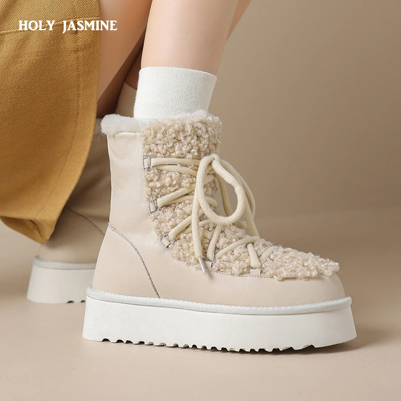 

Women Snow Boots Genuine Leather 2023 New Platform Shoes Winter Women Ankle Boots Large Size Warm Wool Lace-up Black Women Boots