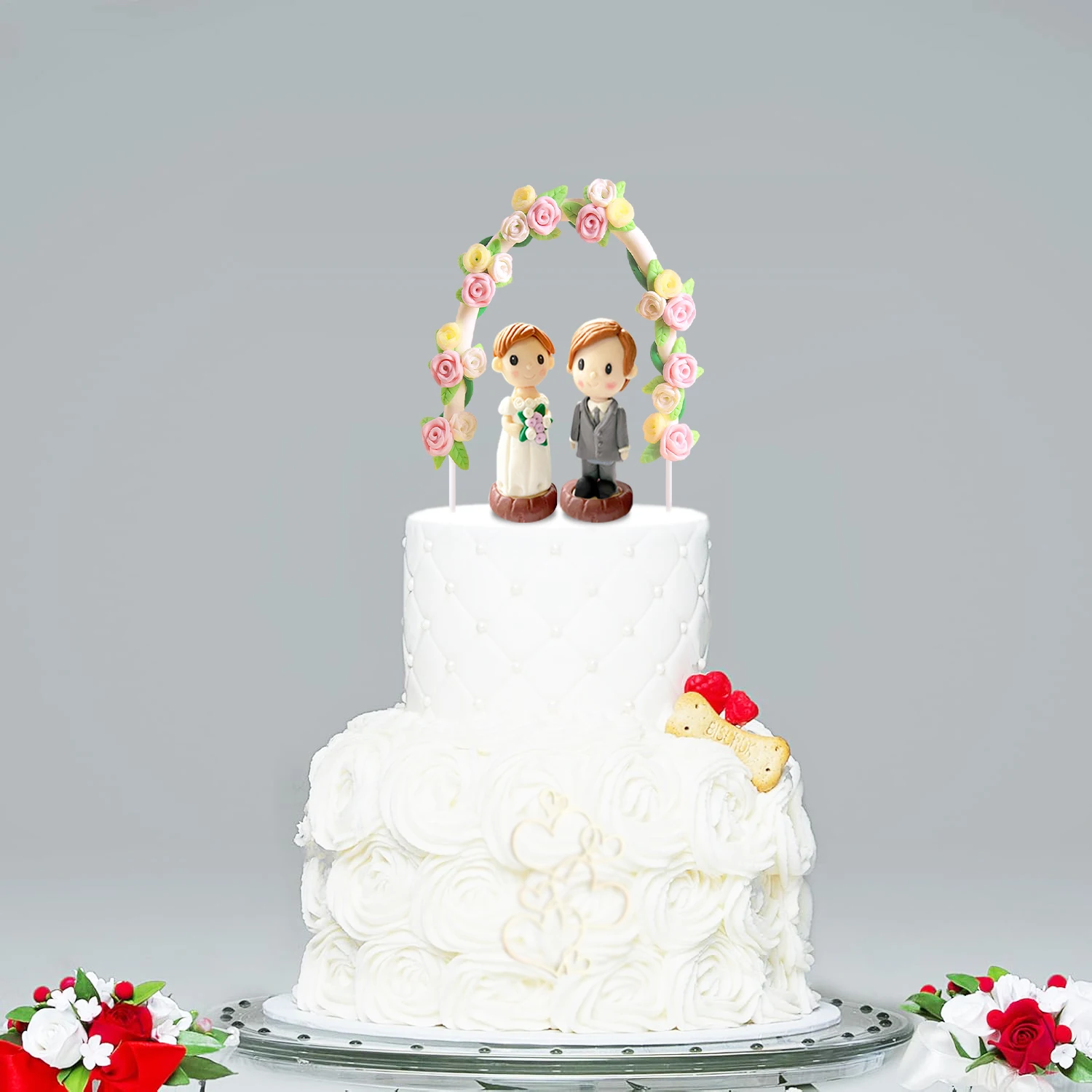 Hochzeit Dekor Ornamente Braut und Bräutigam Figur Rose Bögen Valentinstag Kuchen Dekor Handwerk Harz Dessert Topper Puppe Liebhaber – Detail 14
