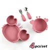 4Pcs/Set Baby Safe Silicone Dining Plate Cartoon Crab Bowl And Stainless steel Fork Spoon Children Fall Prevention Tableware Set 1