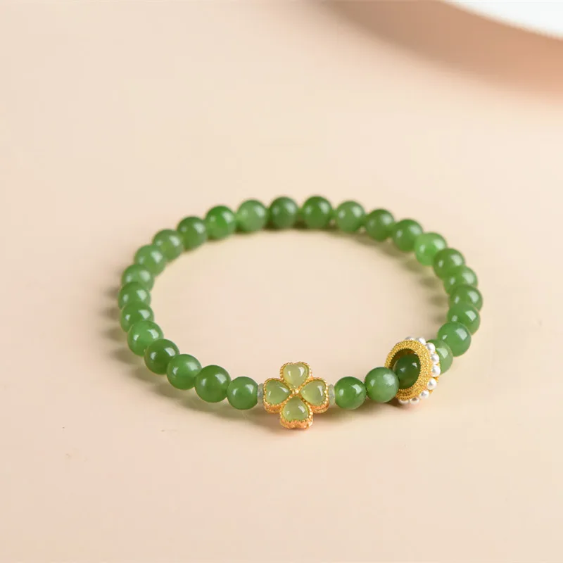 Glück Vierblättriges Kleeblatt Weibliche Natürliche Hohe Qualität Hetian Jade Armband Mode Damen Schmuck Hand Zubehör Geburtstag Geschenk – Detail 9