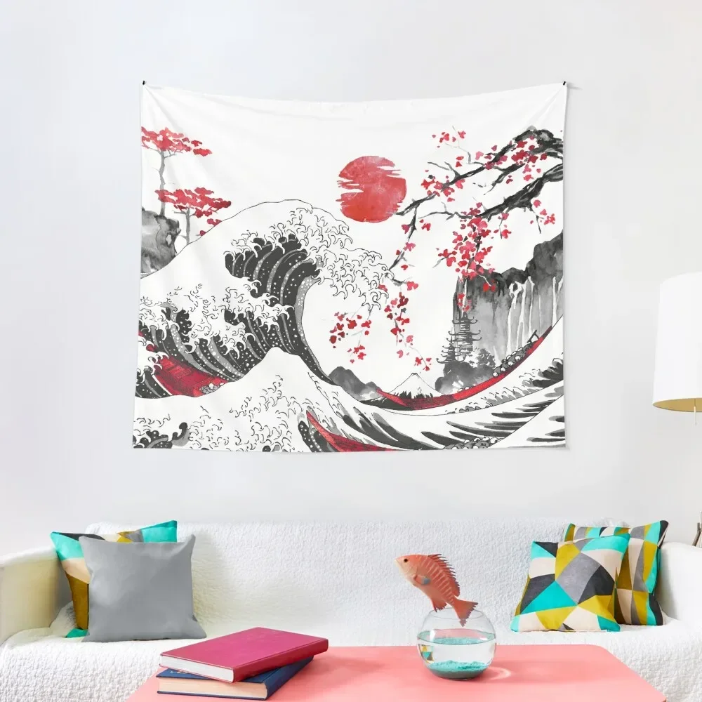 

The Great Wave by Hokusai Sumi-e Art Ink Watercolor Painting Japanese Art Black Red Tapestry Custom Bedroom Deco Tapestry