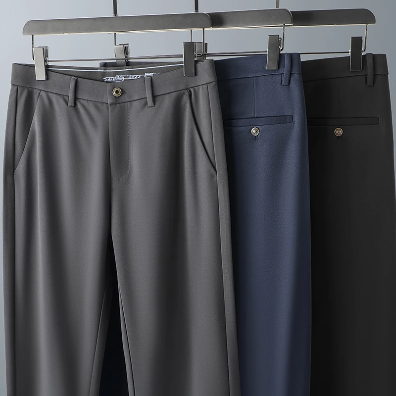 Men's Clothing Button High Waist Pockets Solid Suit Weatpants Straight Leg Trousers Casual Spring Autumn Vintage Long Pants
