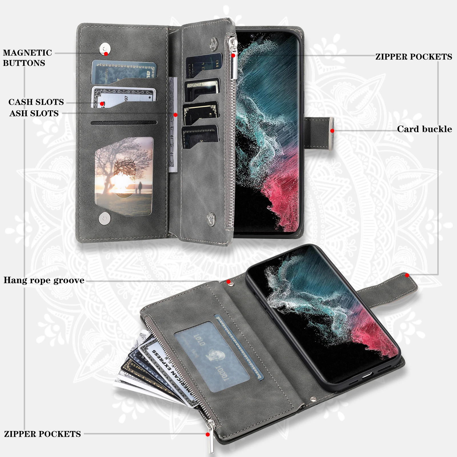 Embossed Leather Wallet Phone Case with Card Holder