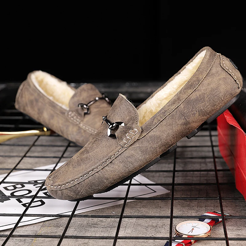 

Fashion Suede Leather Casual Shoes for Men Slip-on Male Formal Business Office Shoes Plus Plush Youth Driving Snow Loafers Fur