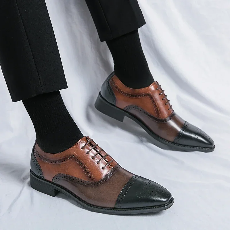 Dress Shoes Men Classic Retro Brogue Shoes Men Lace-Up Leather Dress Business Office Flats Wedding Party Oxfords Sizes 38-48