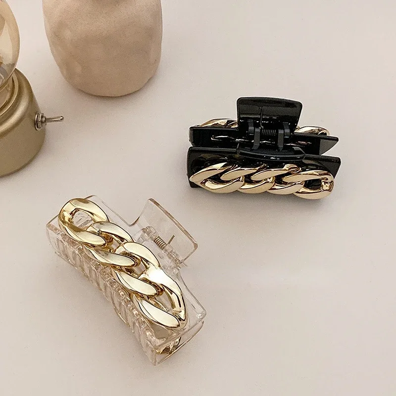 Korean New Charm Fashion Vintage Gold Chain Hair Claw Clips  Acrylic Hairpin  Amber Hair Accessories for Women Headdress