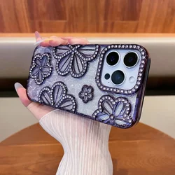 3D Diamond Flowers Gradient Glitter Shockproof Phone Case with Plating Finish - iPhone 15 Plus (Purple)